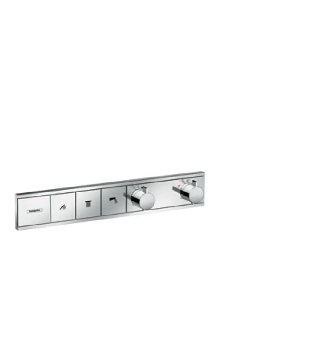Thermostat von Hansgrohe mit Steuerungen für drei Wasserverbraucher, in einer verchromten Oberfläche, bestehend aus zwei Drehknöpfen und drei Schaltflächen.